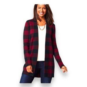 Talbots Women’s Open Front Pure Merino Wool Buffalo Plaid Sweater Cardigan